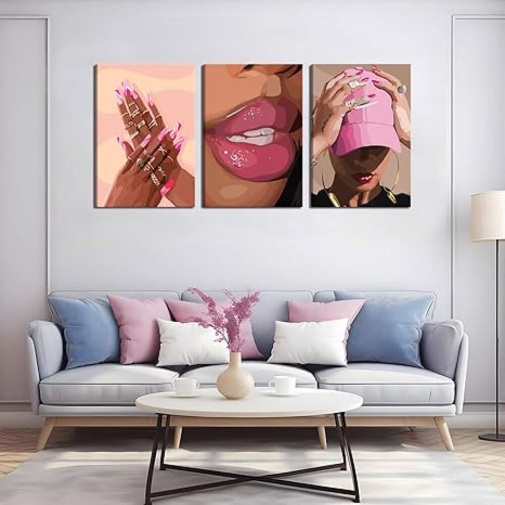 3Pcs African American Black Woman Canvas Wall Art pink - Picture 3 of 5